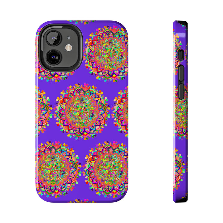 Hand drawn small purple mandala art phone case designed for iPhone X and XS, featuring intricate and vibrant mandala patterns