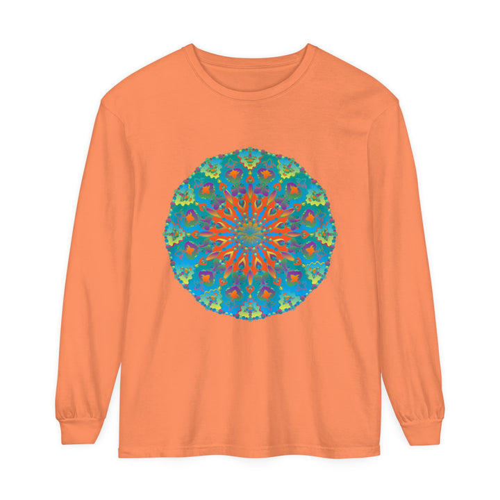 Colorful rainbow mandala design long sleeve t-shirt on white background