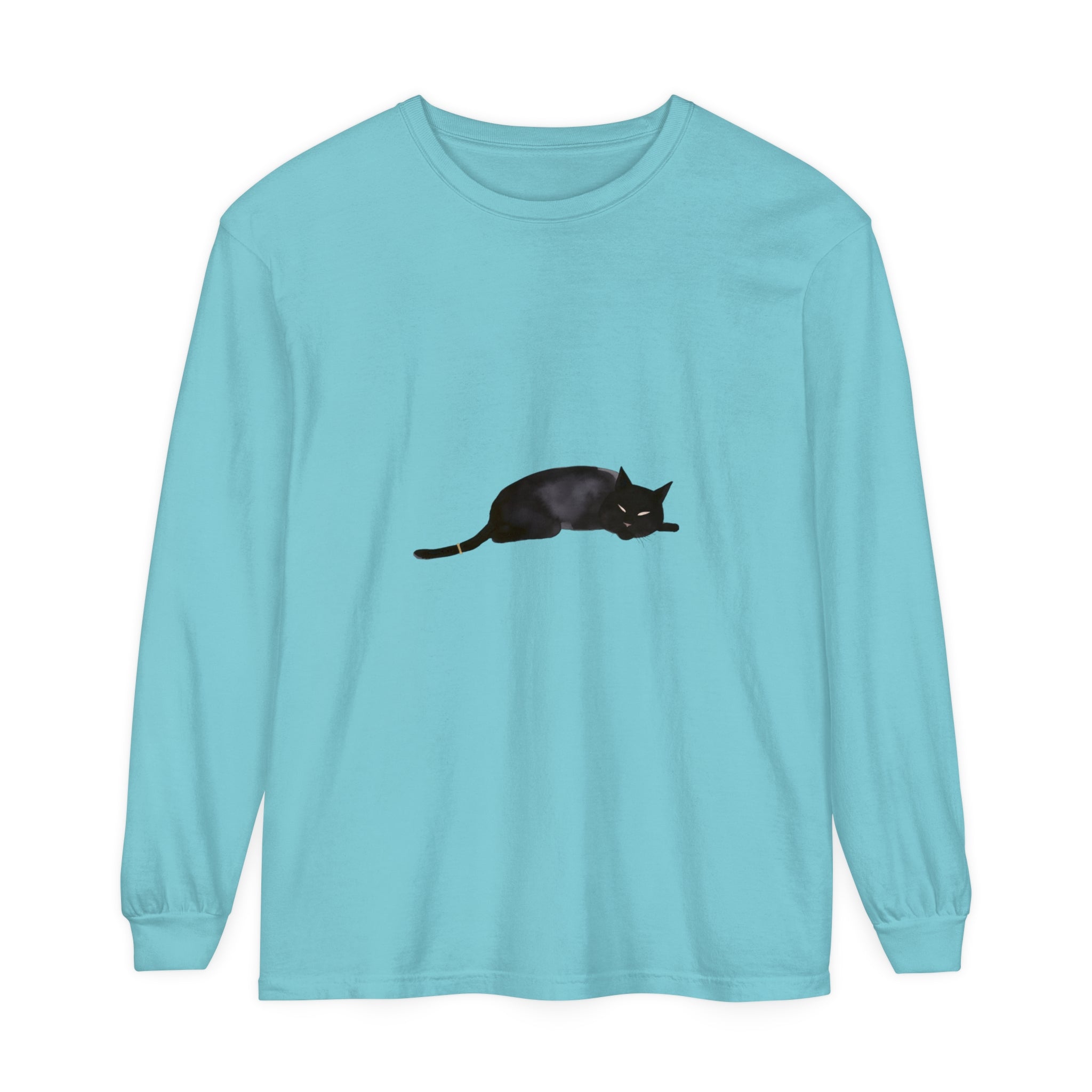 A black cat peacefully sleeping on a unisex long sleeve t-shirt