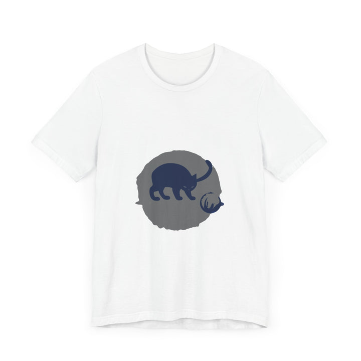 A black cat with glowing eyes and a mischievous smile on a t-shirt, creating a mysterious and playful silhouette