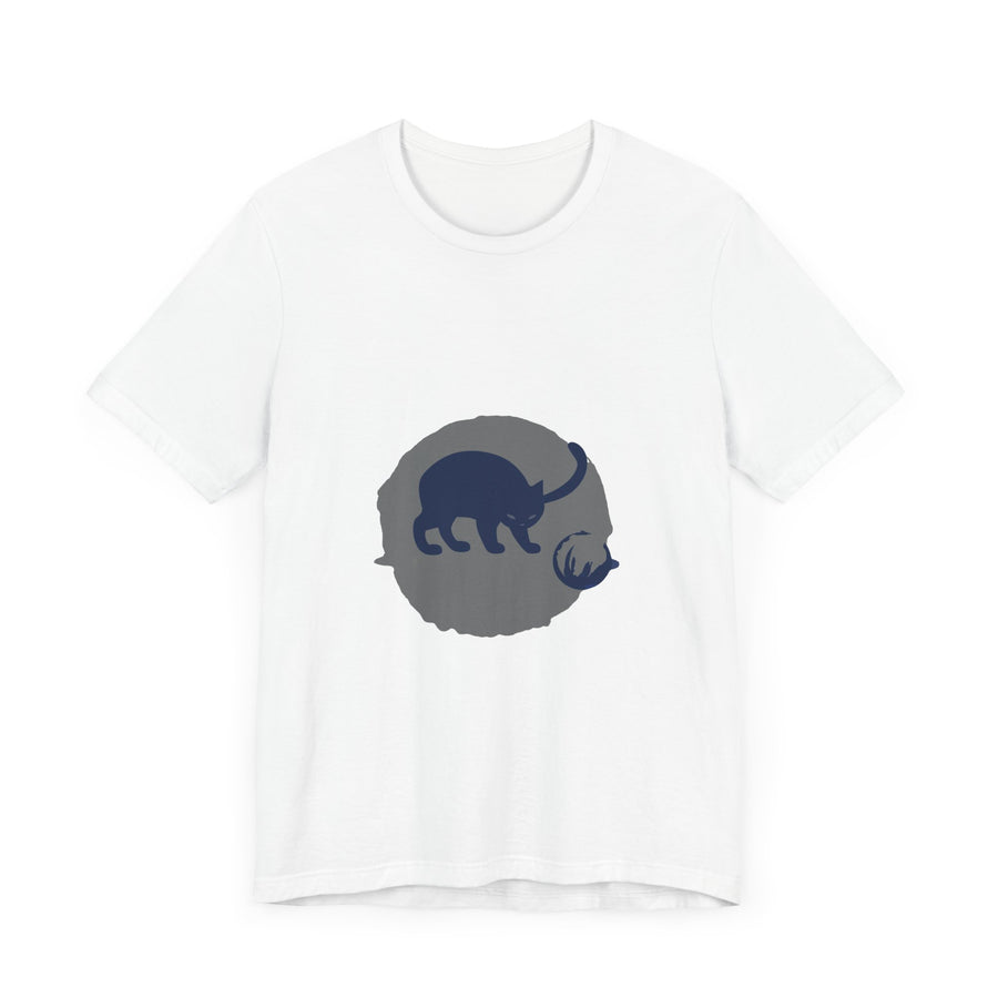 A black cat with glowing eyes and a mischievous smile on a t-shirt, creating a mysterious and playful silhouette