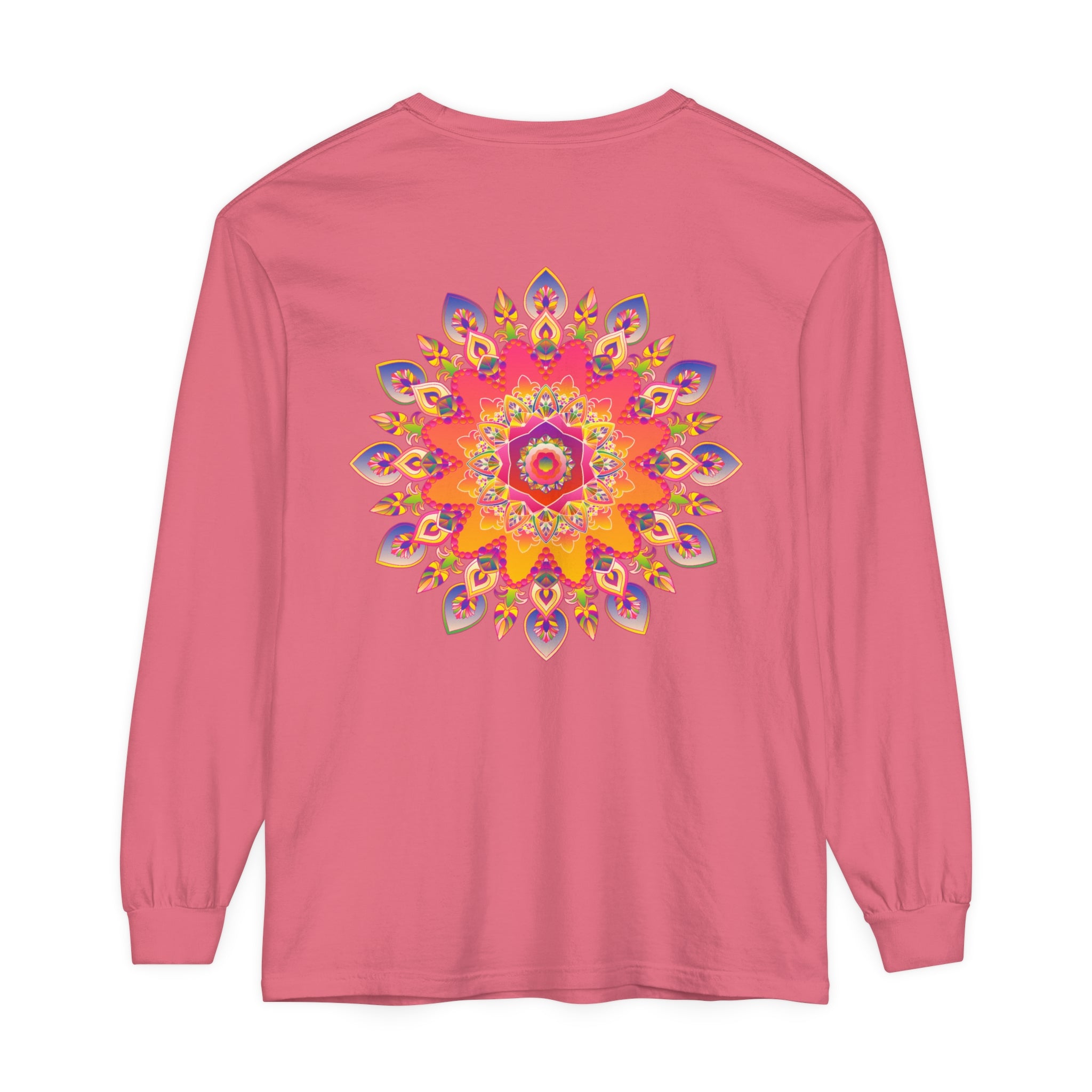 Vibrant Mandala Unisex Long Sleeve T-Shirt with intricate, colorful mandala design