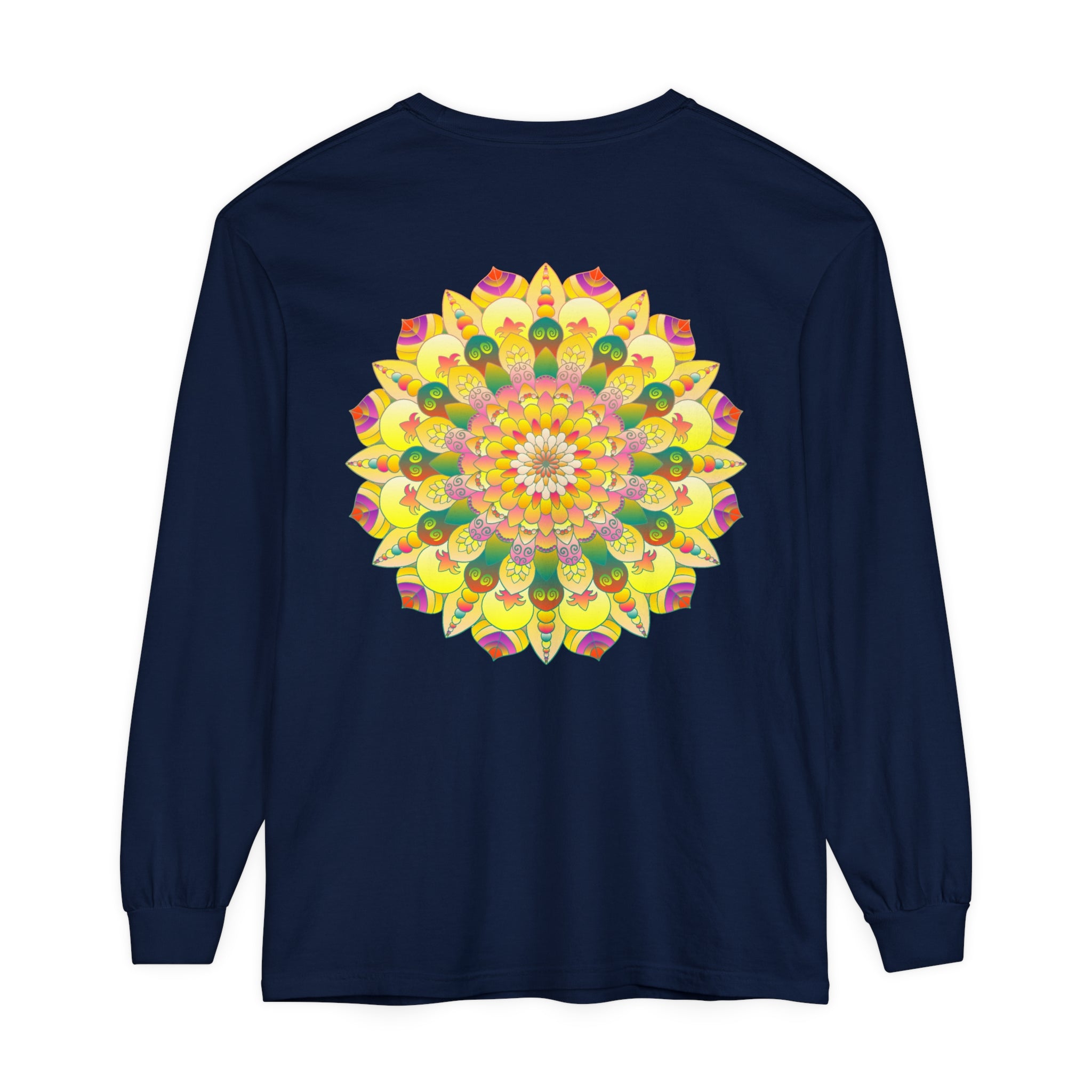 Vibrant Mandala Unisex Long Sleeve T-Shirt featuring colorful and intricate mandala design