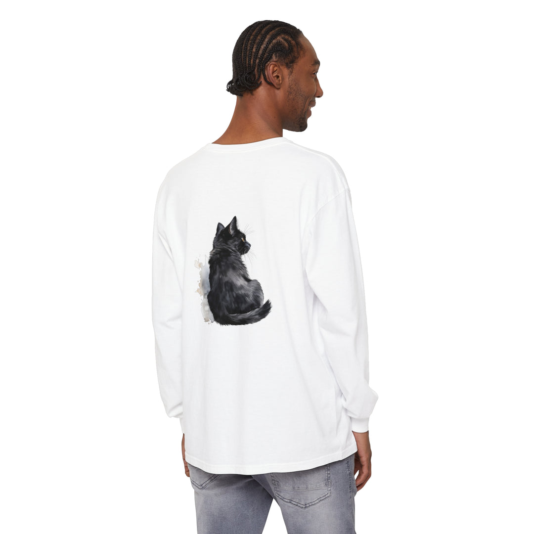 Black Cat Watercolor Unisex Long Sleeve T-Shirt showcasing a beautiful watercolor design of a black cat on a comfortable, stylish long sleeve tee