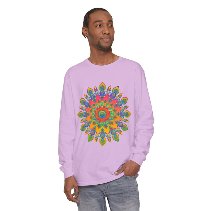 Colorful and intricate mandala design on a unisex long sleeve t-shirt