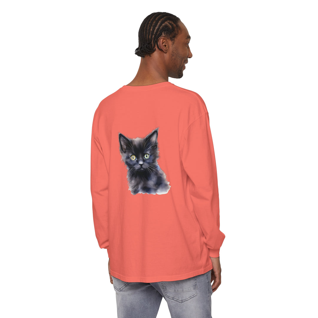 Unisex long sleeve t-shirt featuring a mystical kitten design in vibrant colors