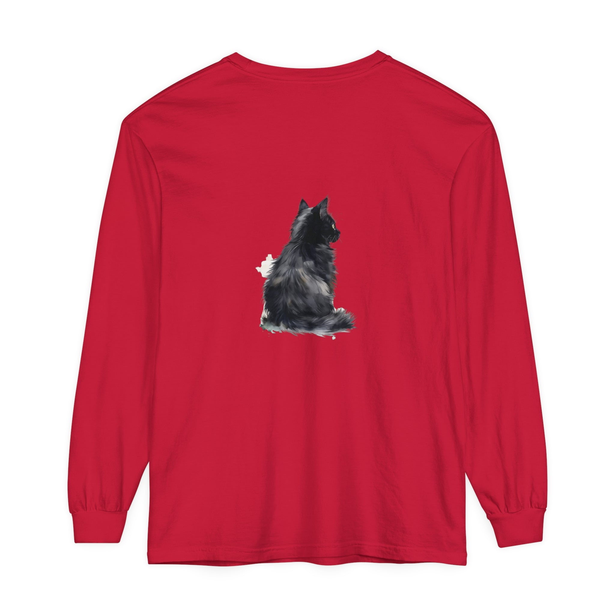 Watercolor long sleeve t-shirt featuring a black and white cat design