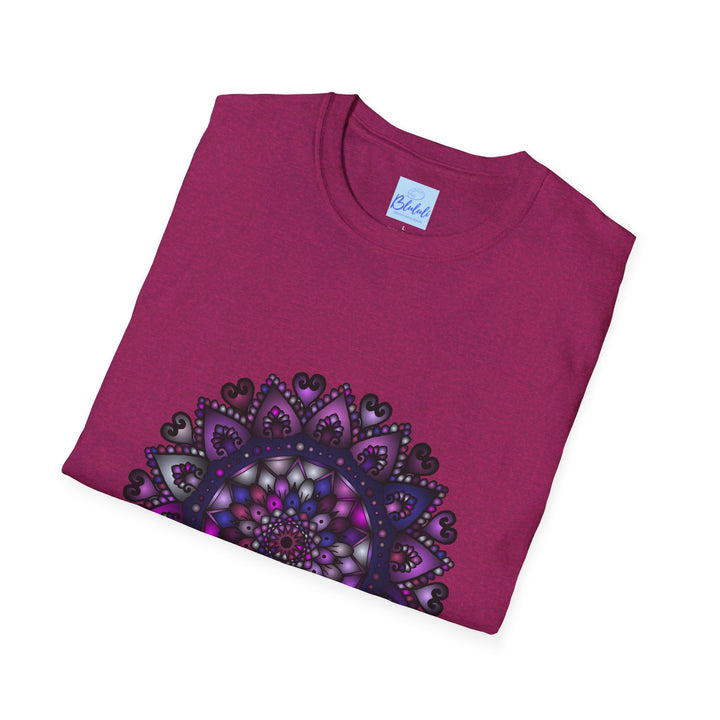 A vibrant and intricate purple mandala art design on a softstyle unisex t-shirt