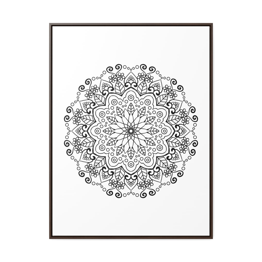 Handmade black and white mandala art on gallery canvas wraps, displayed in a vertical frame