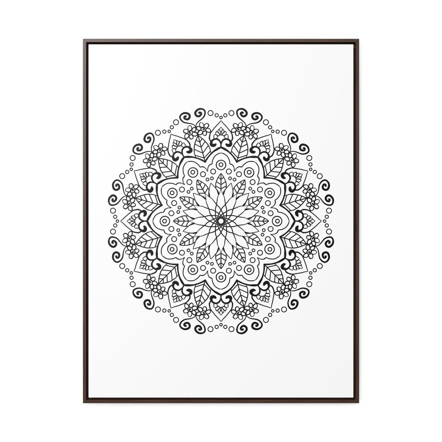 Handmade black and white mandala art on gallery canvas wraps, displayed in a vertical frame