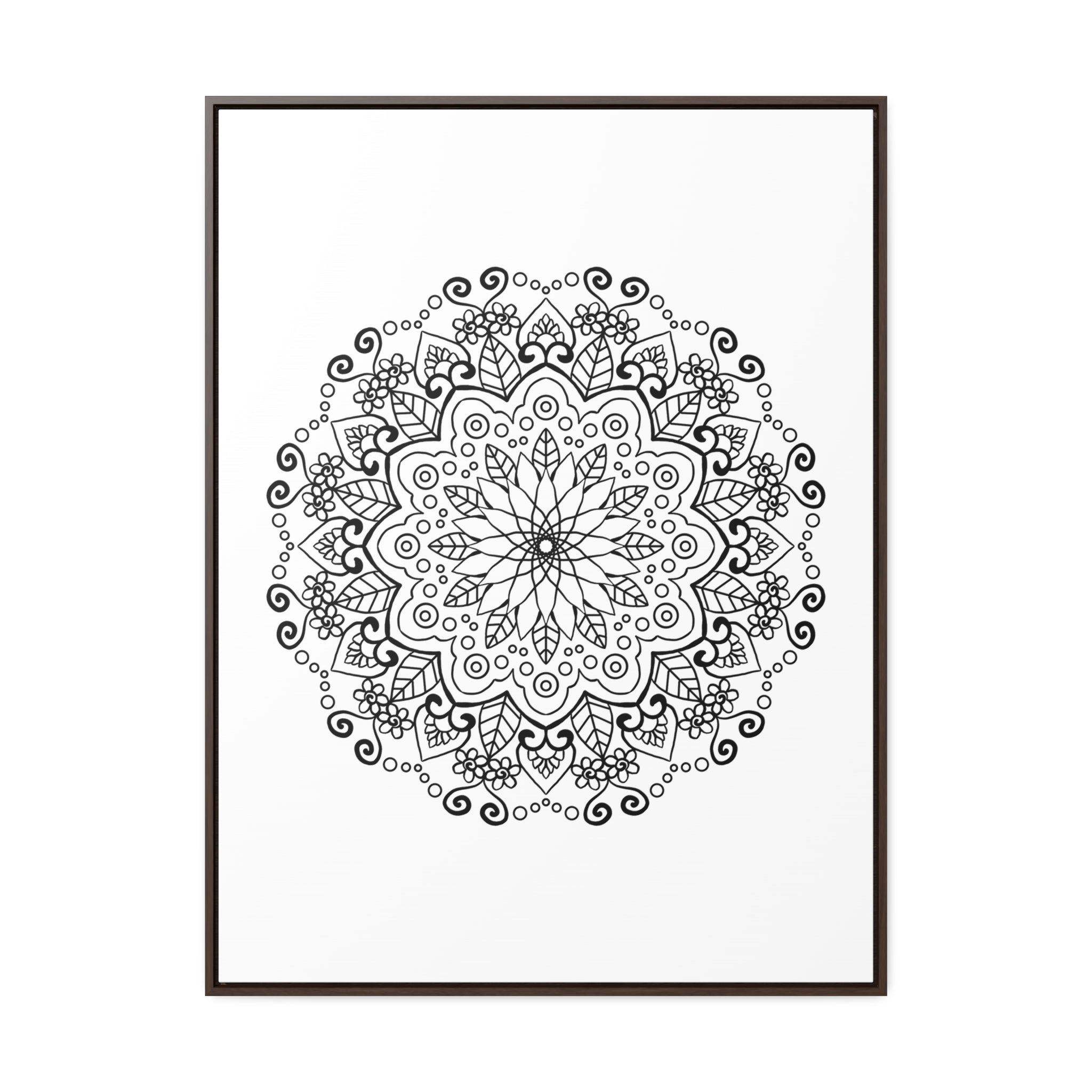 Handmade black and white mandala art on gallery canvas wraps, displayed in a vertical frame