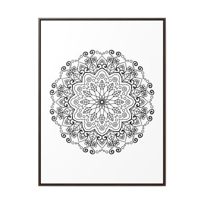 Handmade black and white mandala art on gallery canvas wraps, displayed in a vertical frame