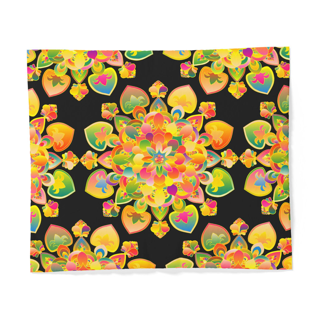 Copripiumino in cotone con motivo mandala floreale boho — Cuori arcobaleno vivaci su nero