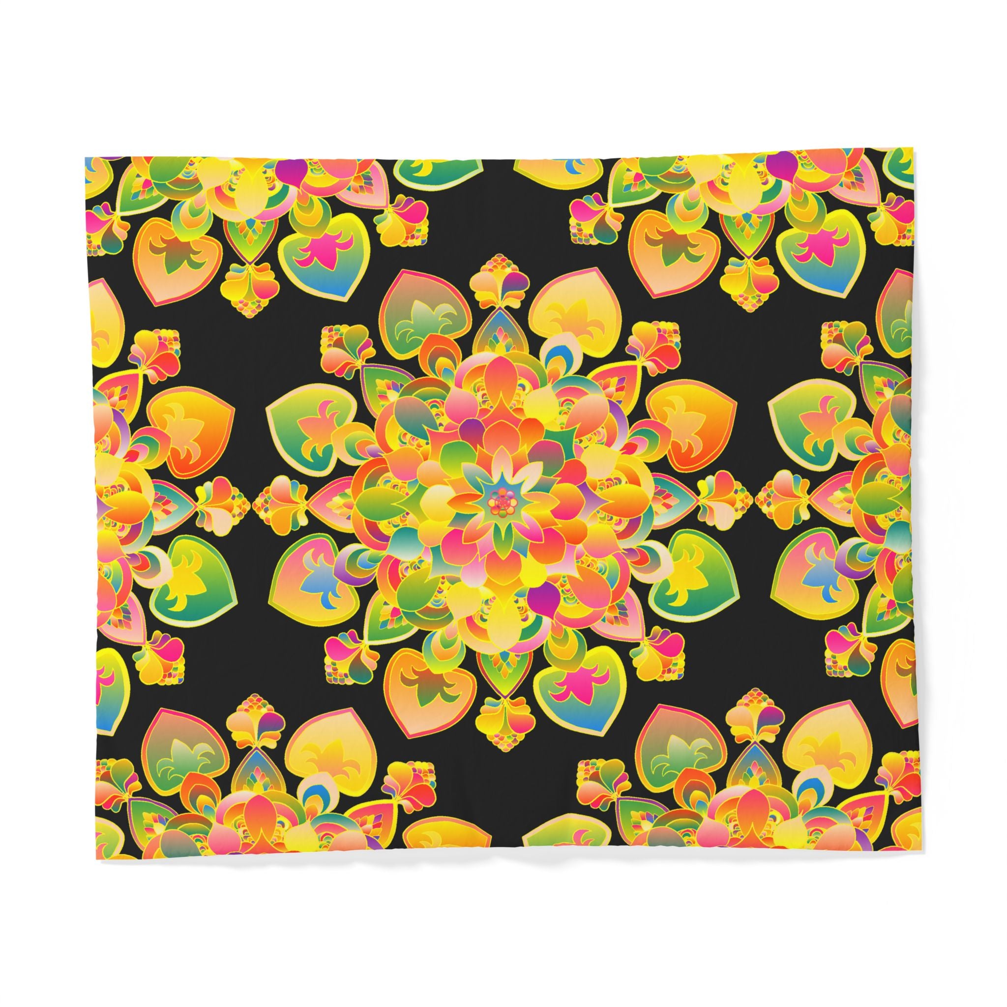 Copripiumino in cotone con motivo mandala floreale boho — Cuori arcobaleno vivaci su nero