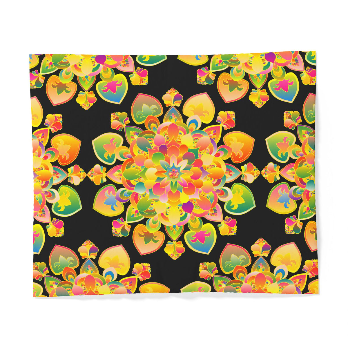 Copripiumino in cotone con motivo mandala floreale boho — Cuori arcobaleno vivaci su nero