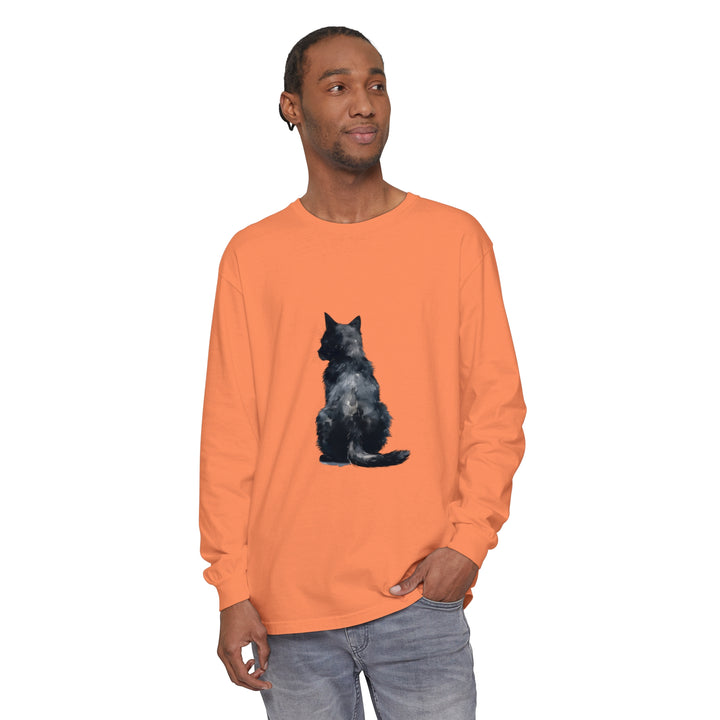 Long sleeve black cat watercolor design t-shirt for a stylish and unique look