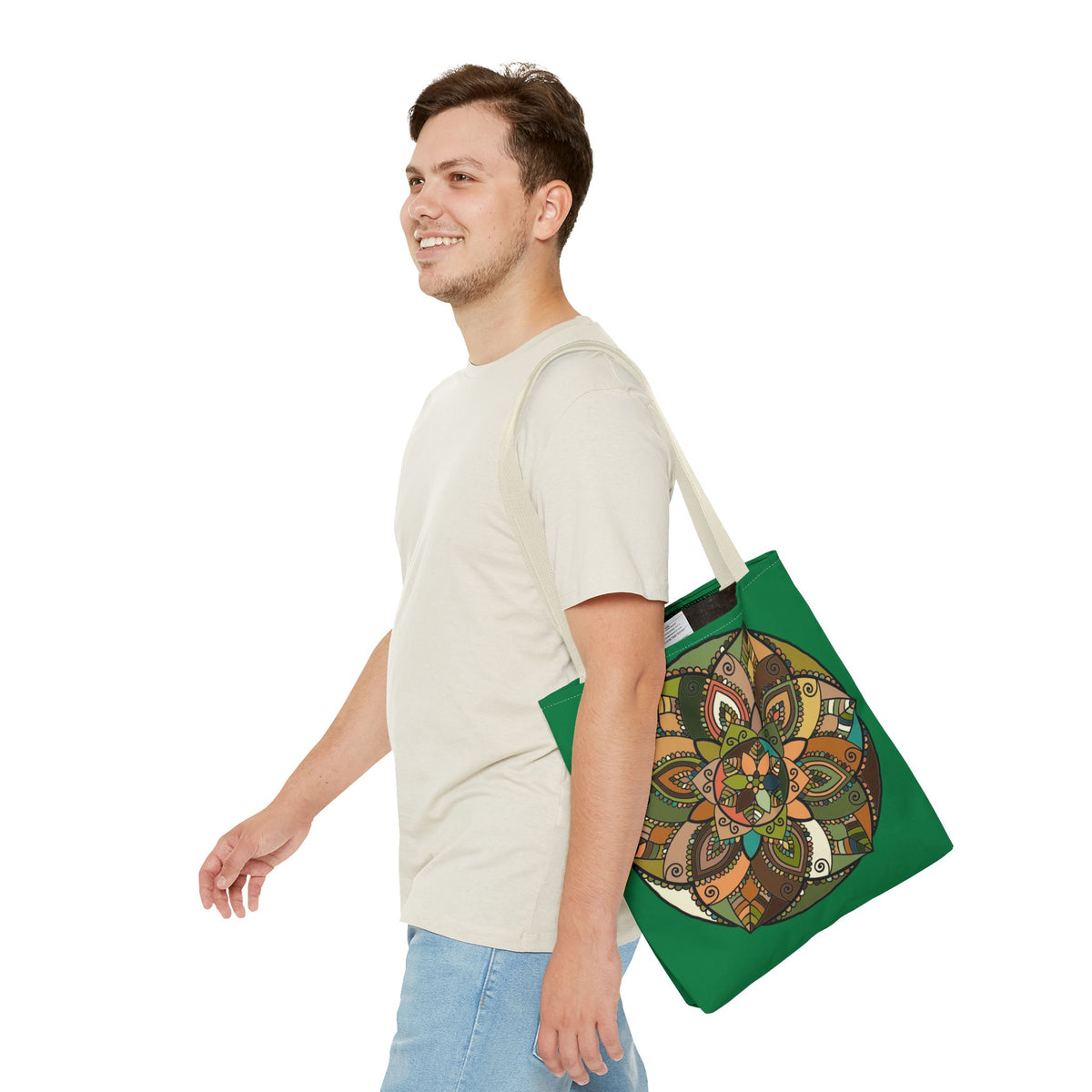 Boho Mandala Tote Bag — Green Floral Pattern AOP Shopper
