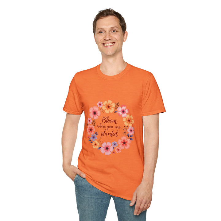 Floral mandala design in vibrant colors with a motivational quote on a soft and comfortable t-shirt