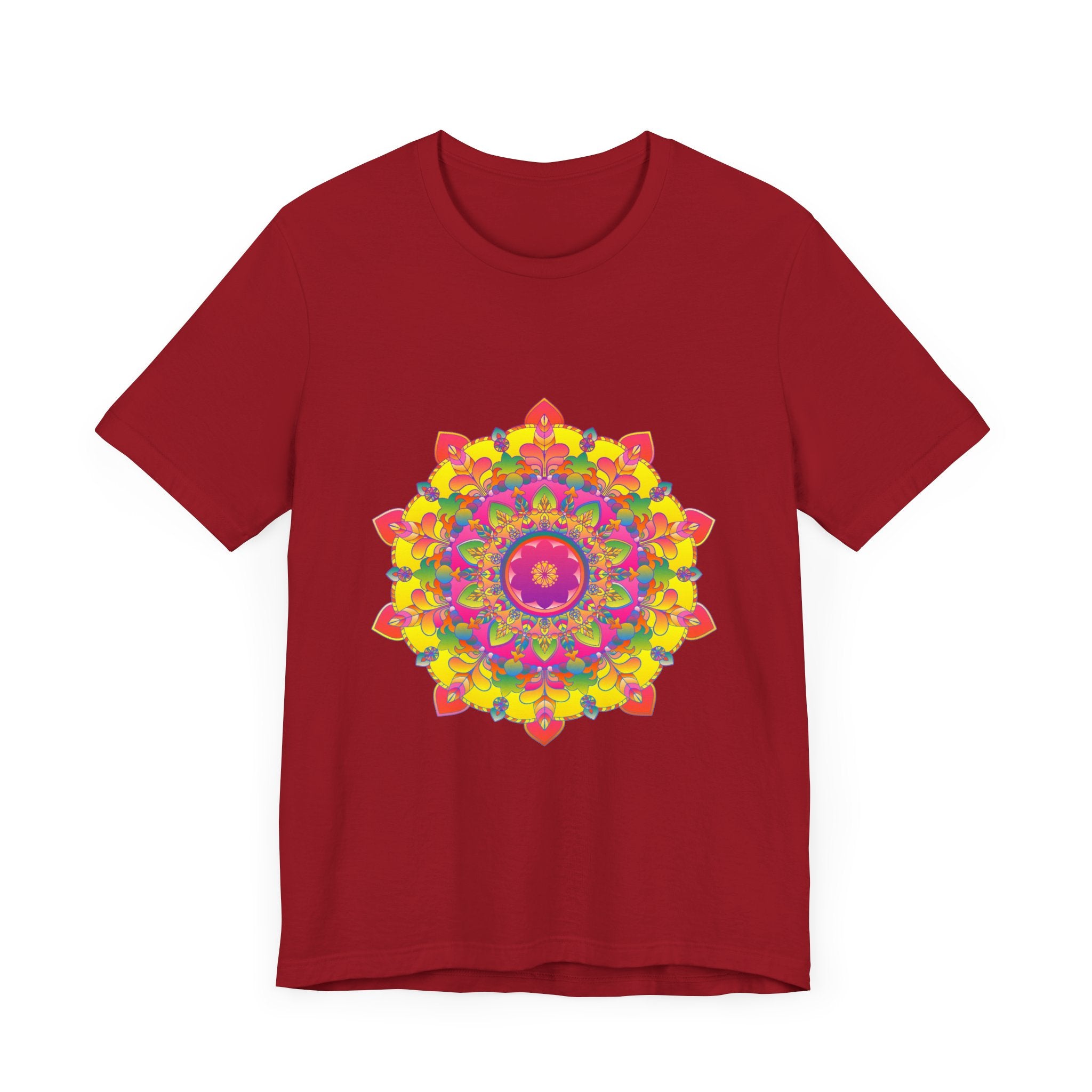 Vibrant mandala tee featuring a colorful and intricate floral design inspired by the beauty of nature and traditional patterns