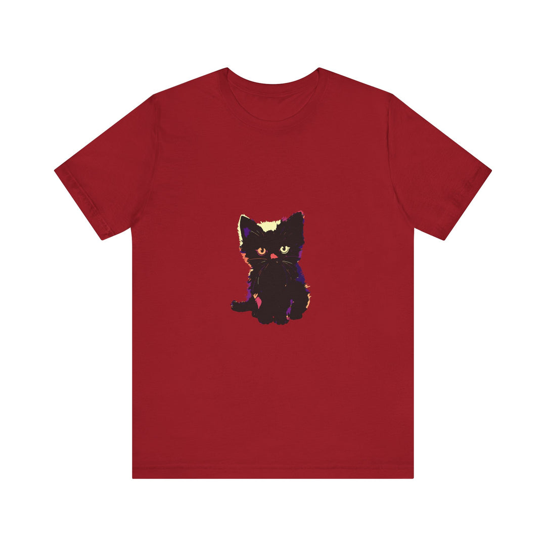 A close-up photo of a black t-shirt with a cute and stylish black cat design