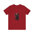 A close-up photo of a black t-shirt with a cute and stylish black cat design