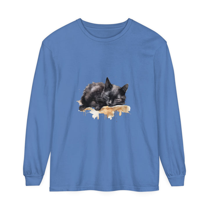 A cozy black cat curled up in a watercolor illustration on a comfortable t-shirt