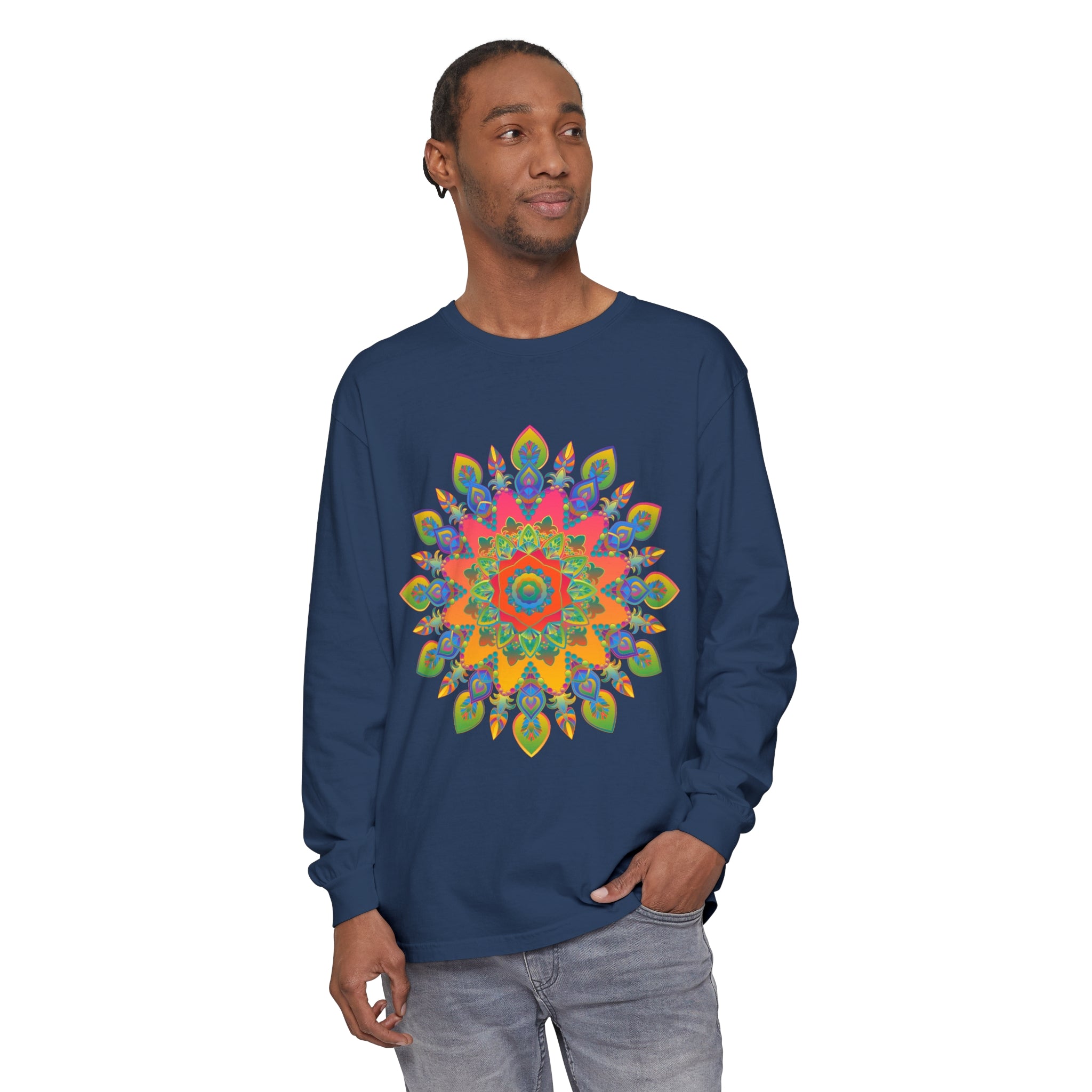 Colorful and intricately designed mandala pattern long sleeve t-shirt for both men and women