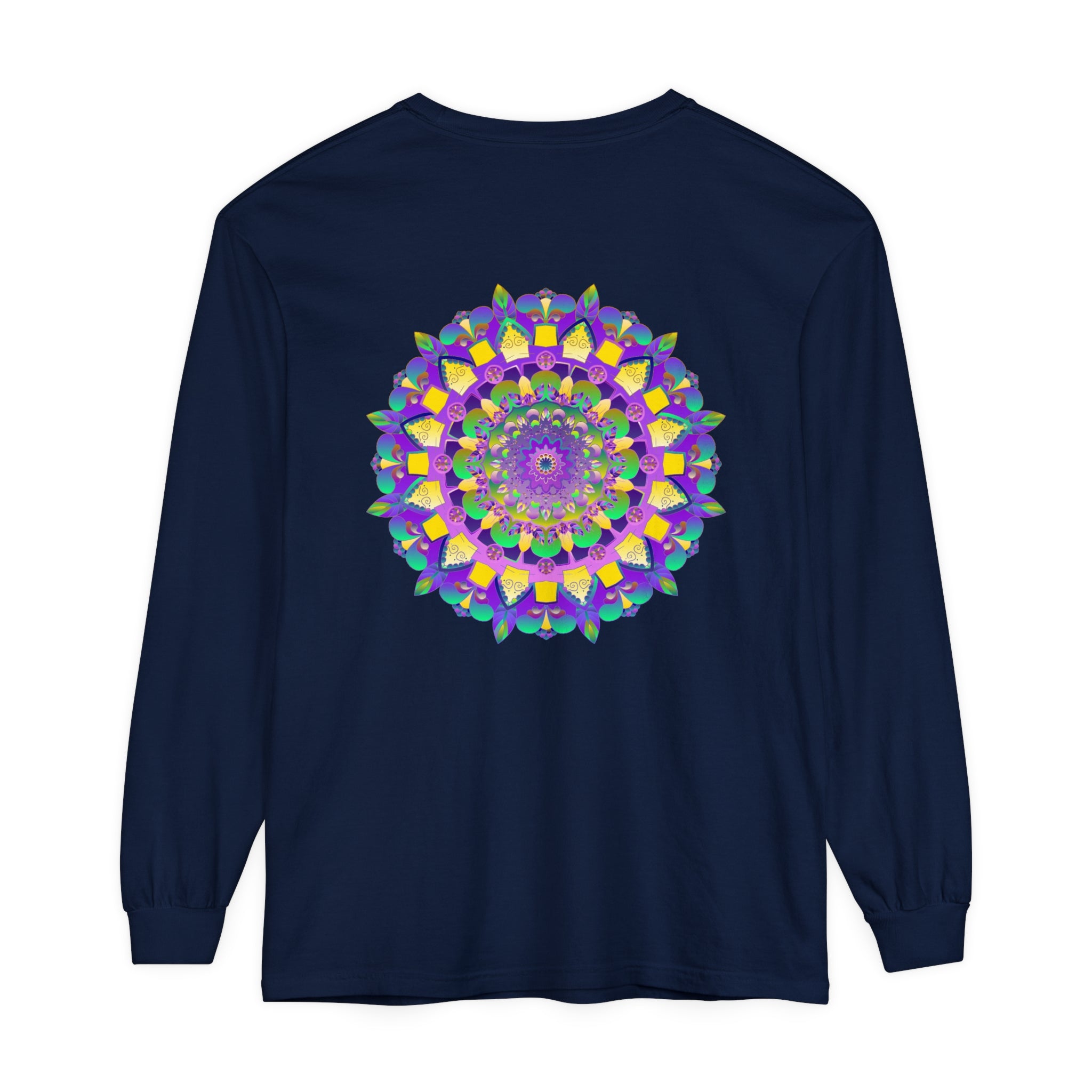 Colorful and intricate mandala design on a unisex long sleeve t-shirt