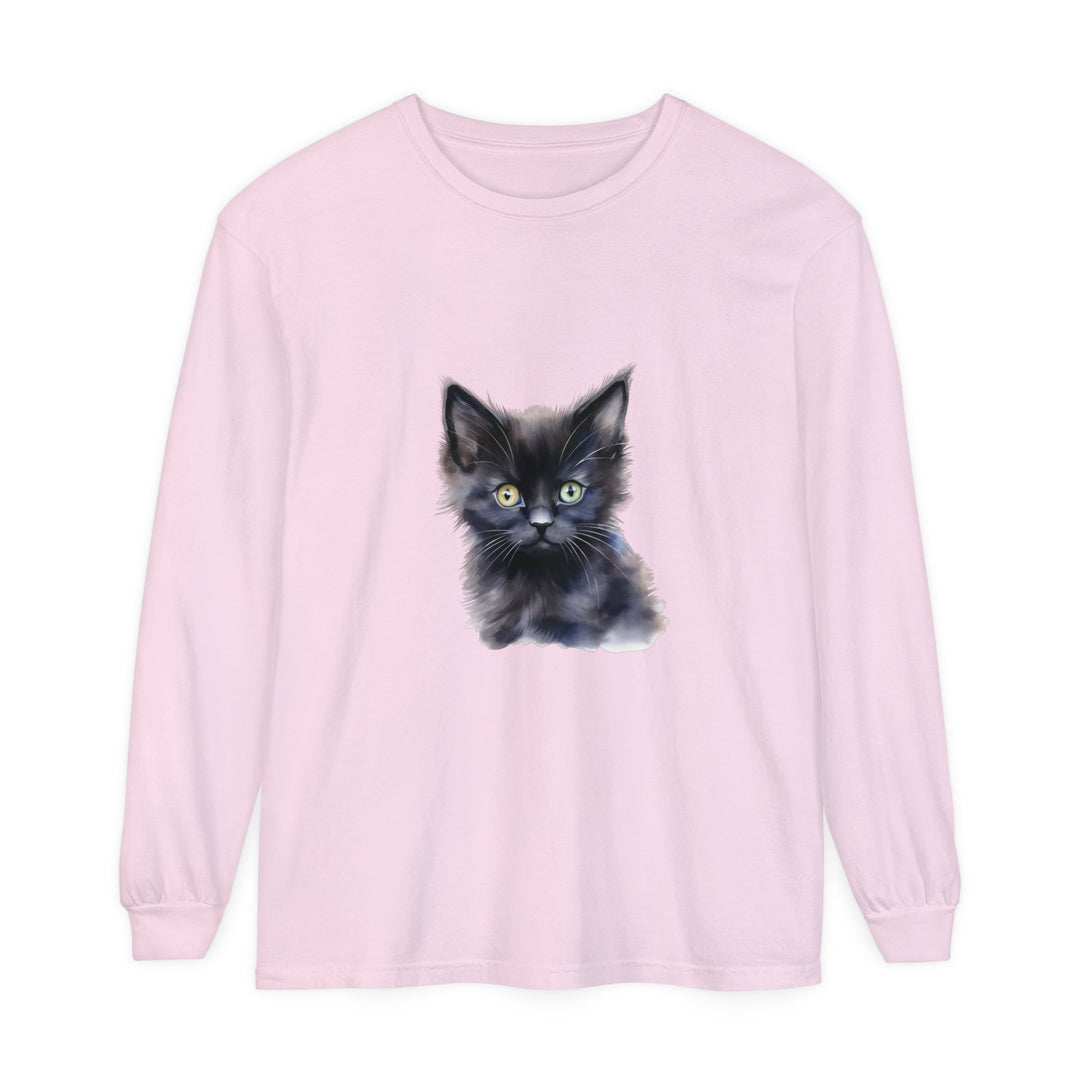 Black unisex long sleeve t-shirt with a playful kitten design