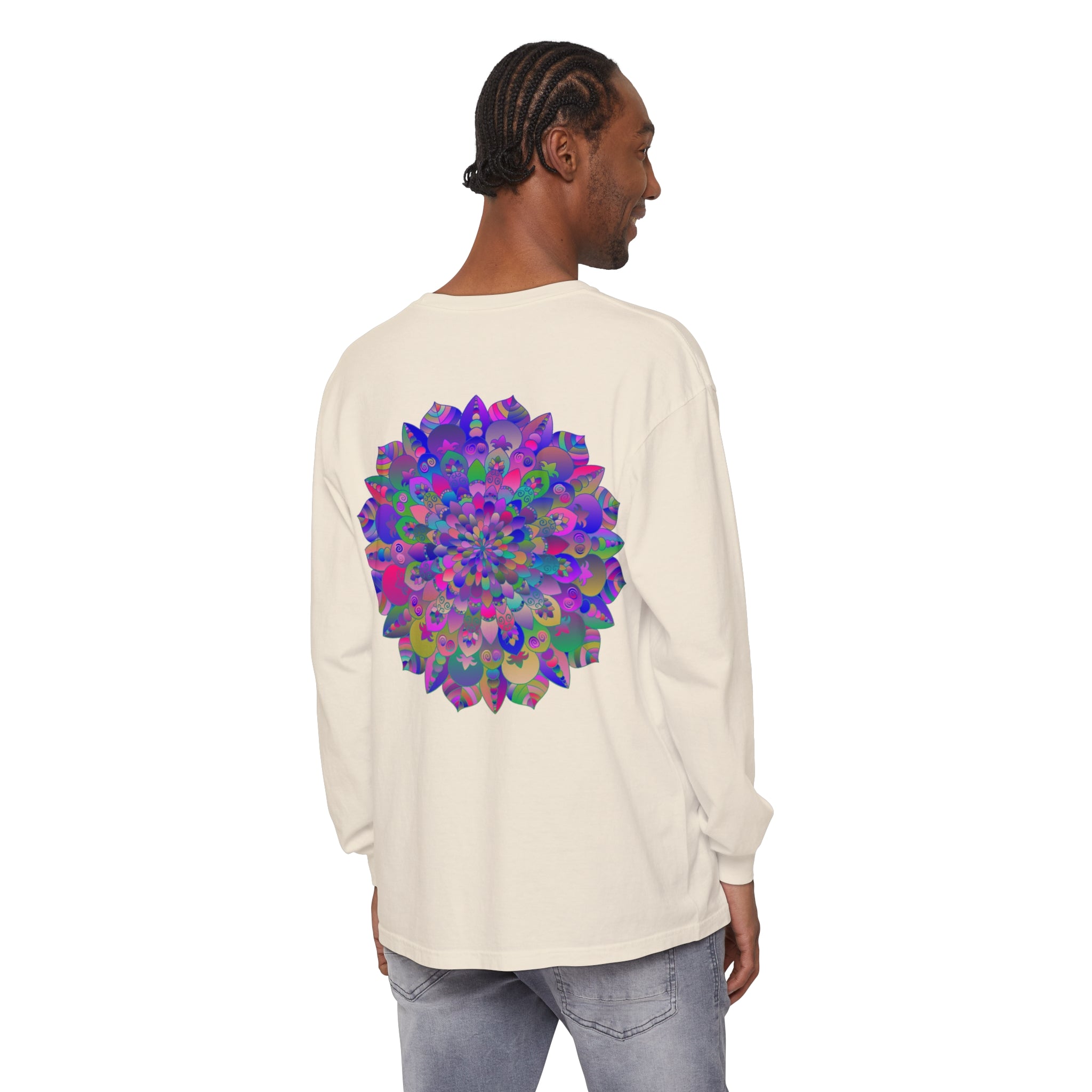 Colorful and intricately designed long sleeve t-shirt featuring a vibrant mandala pattern