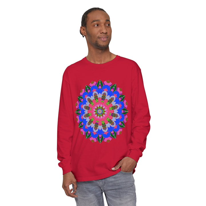 Stylish and trendy long sleeve t-shirt featuring a colorful and intricate mandala