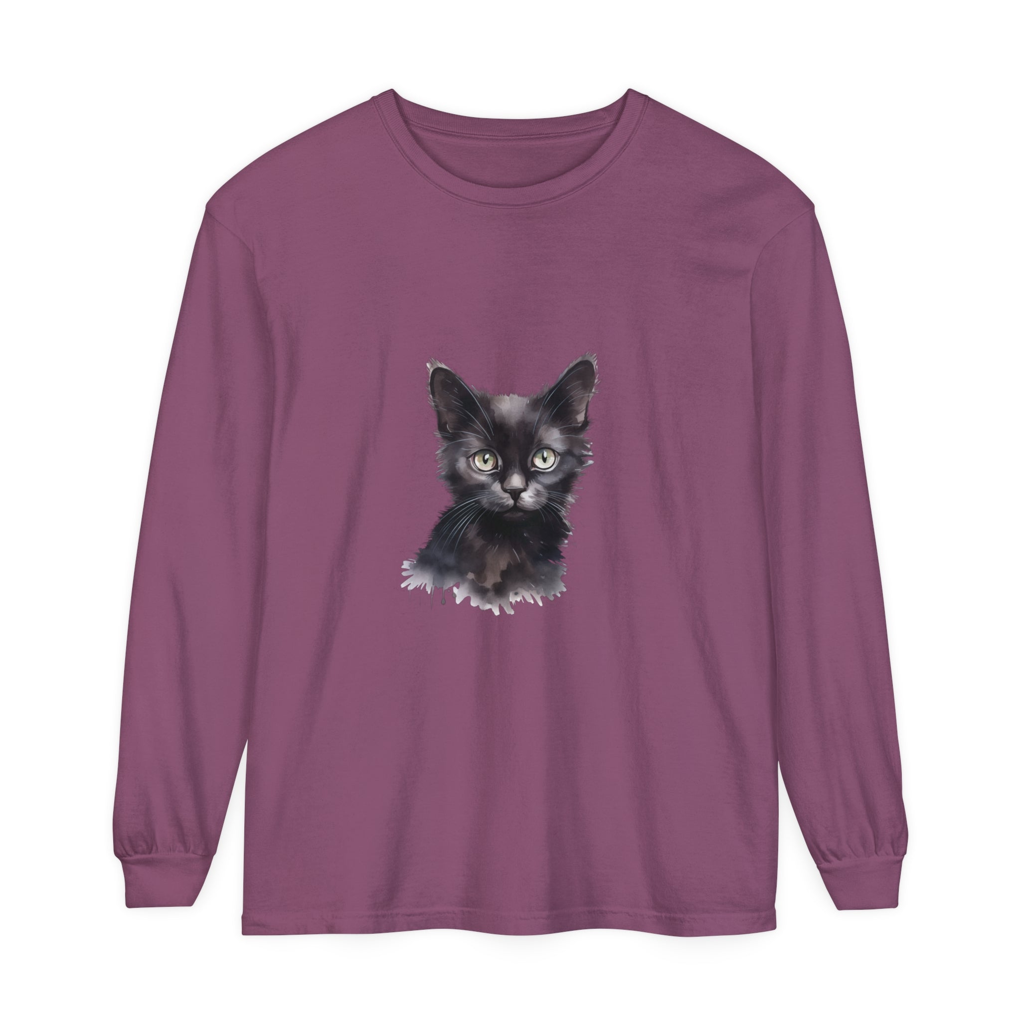 Black Cat Watercolor Long Sleeve T-Shirt with Vibrant Watercolor Design