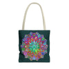 Beautiful dark green mandala tote bag with intricate colorful design