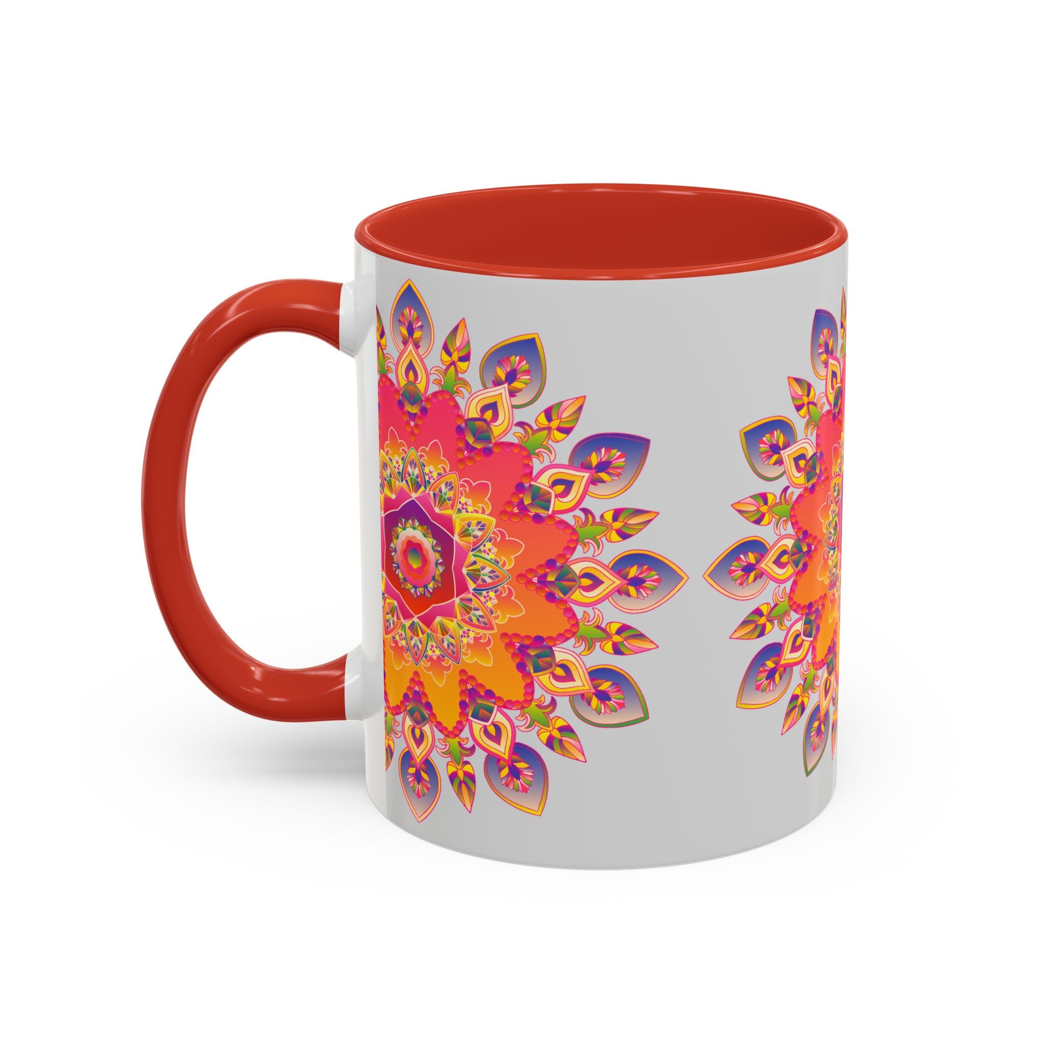 Colorful mandala art design on a ceramic mug, set against a sleek grey background