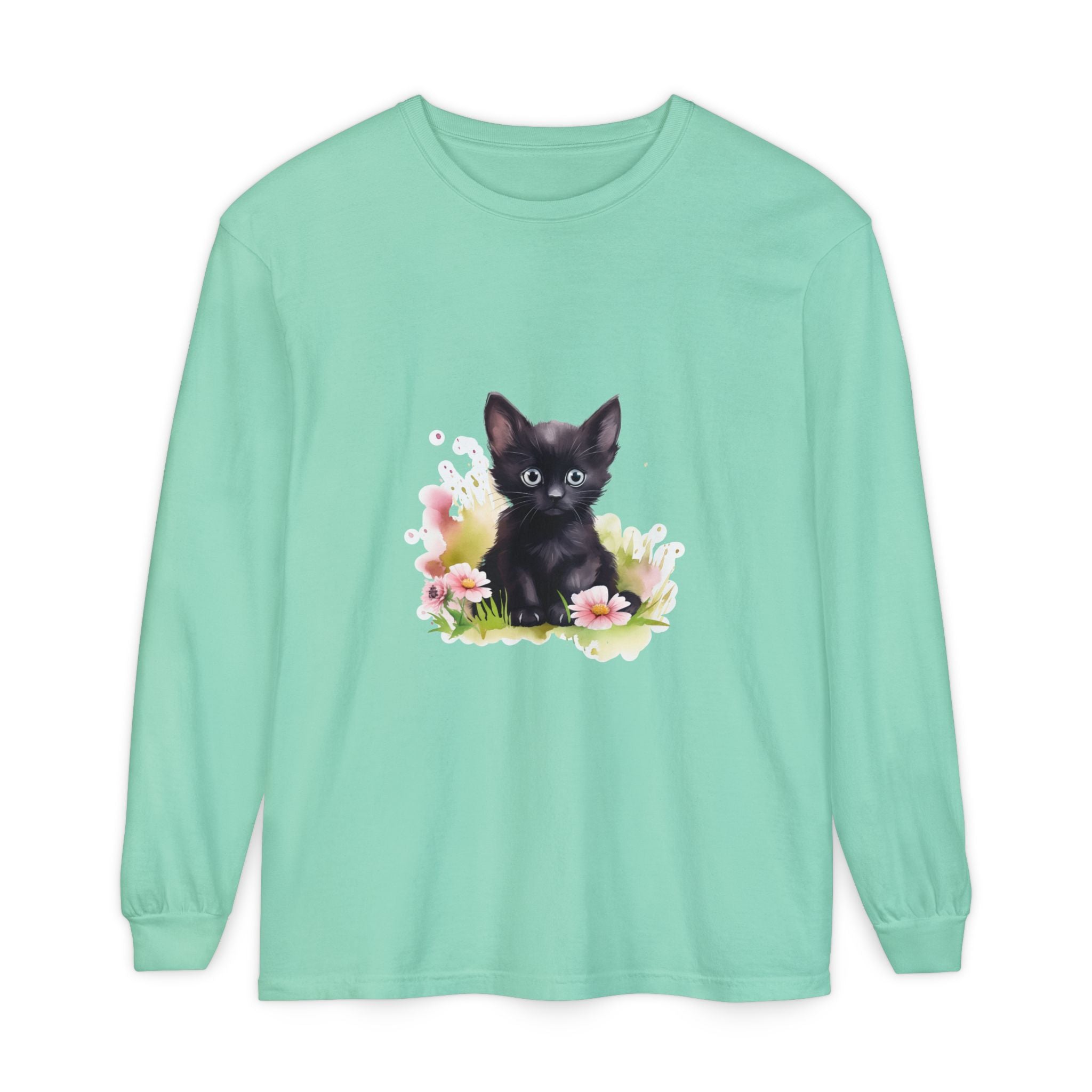 Langarmshirt | Schwarzes Kätzchen & rosa Blumen
