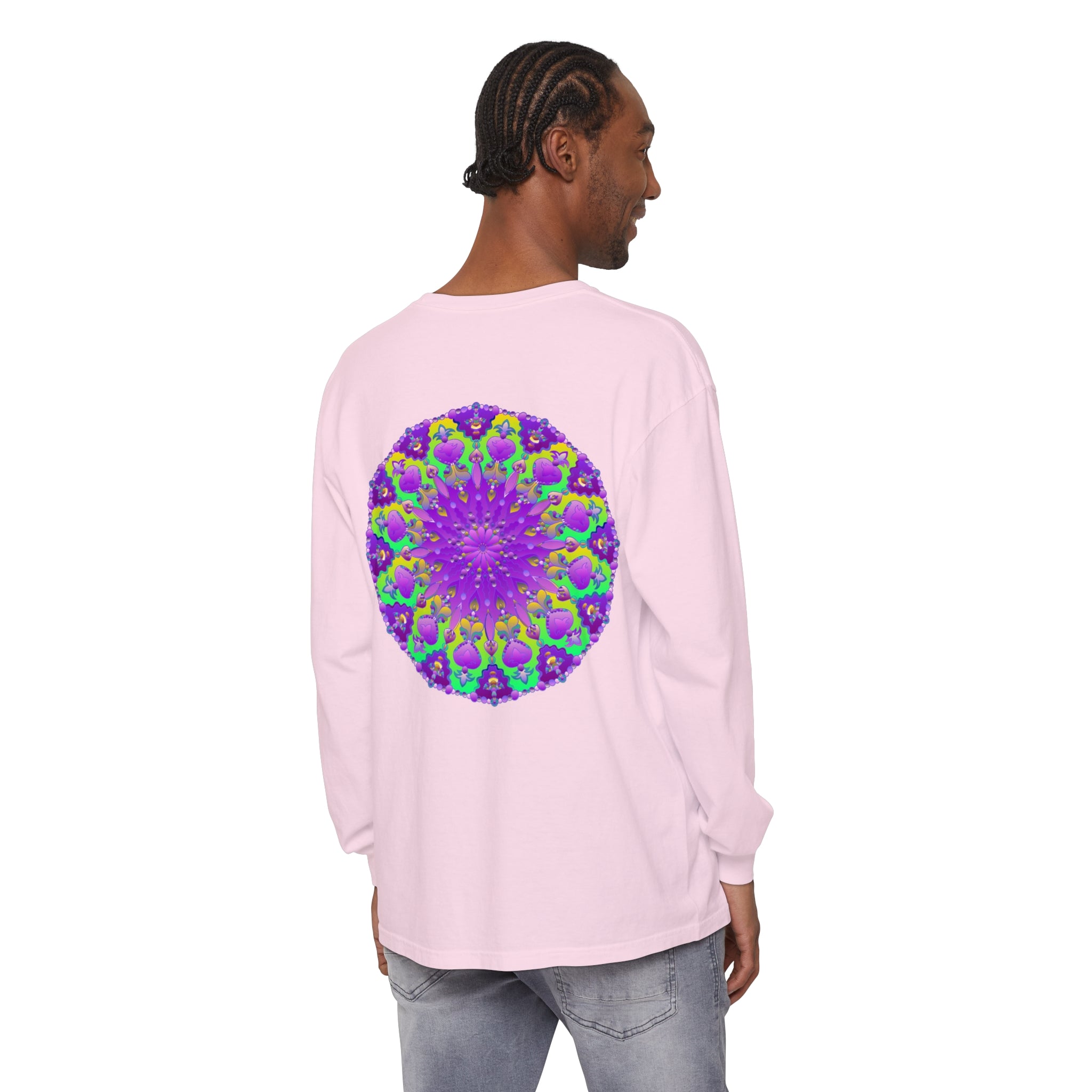 Beautiful long sleeve t-shirt with purple and green mandala design