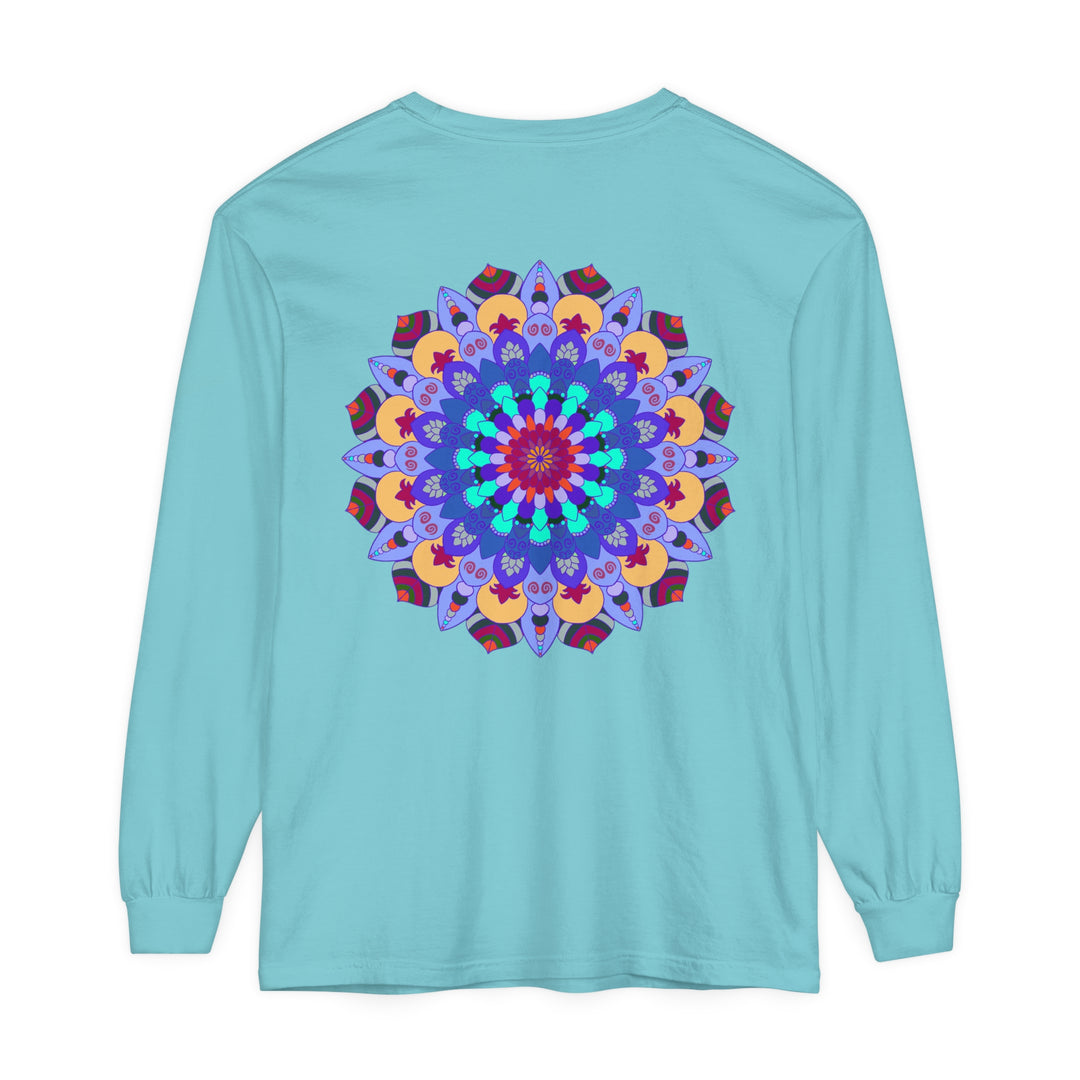 Vibrant Mandala Long Sleeve T-Shirt with intricate blue, pink, and yellow mandala design