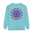 Vibrant Mandala Long Sleeve T-Shirt with intricate blue, pink, and yellow mandala design