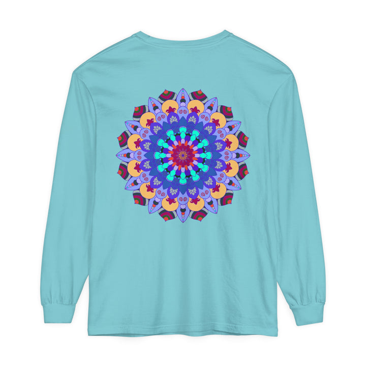 Vibrant Mandala Long Sleeve T-Shirt with intricate blue, pink, and yellow mandala design