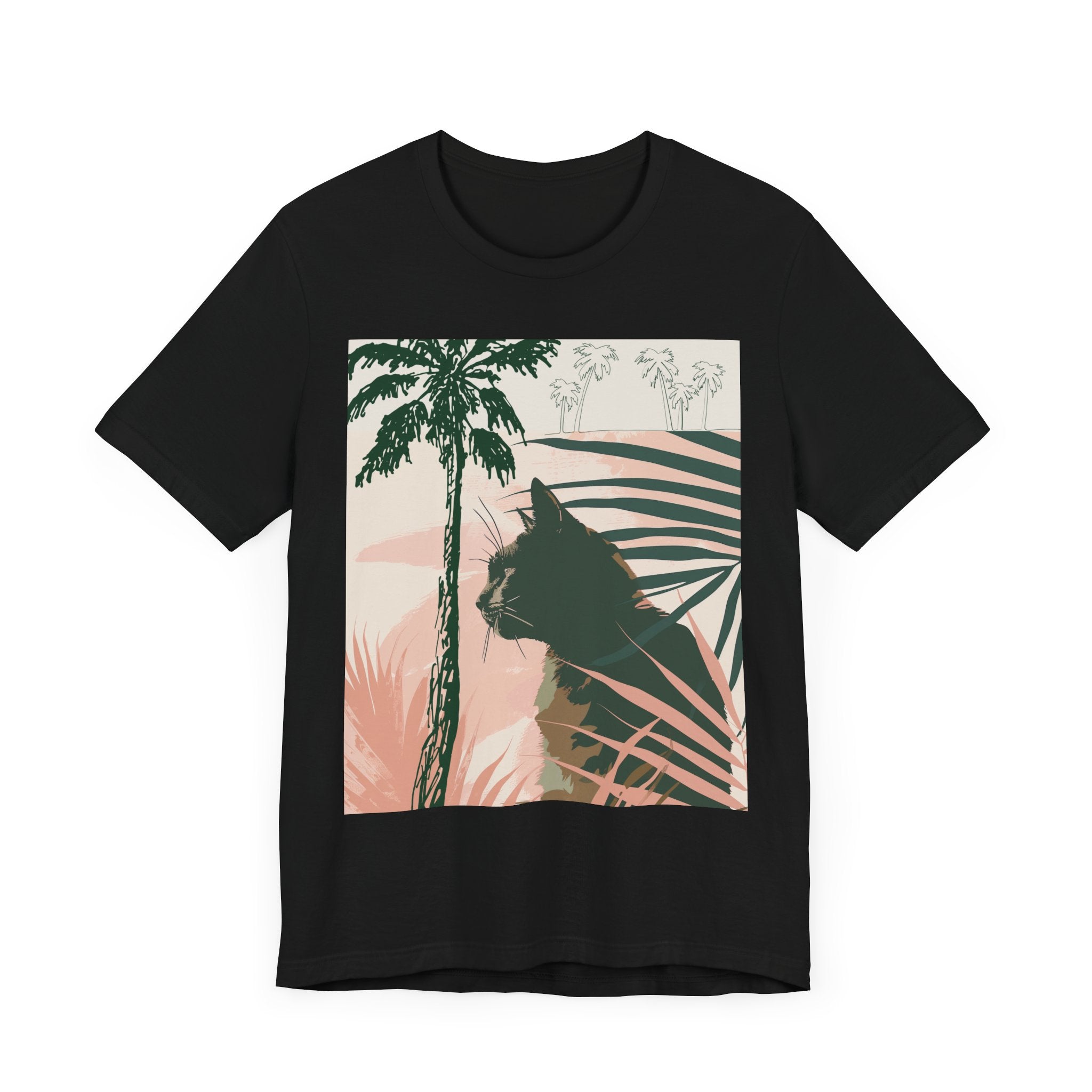 Black Cat Jungle Tee featuring a fierce and stylish feline design on a comfortable black t-shirt, perfect for any animal lover's wardrobe