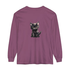 A close-up image of a cute black kitten with striking yellow eyes printed on a long sleeve t-shirt