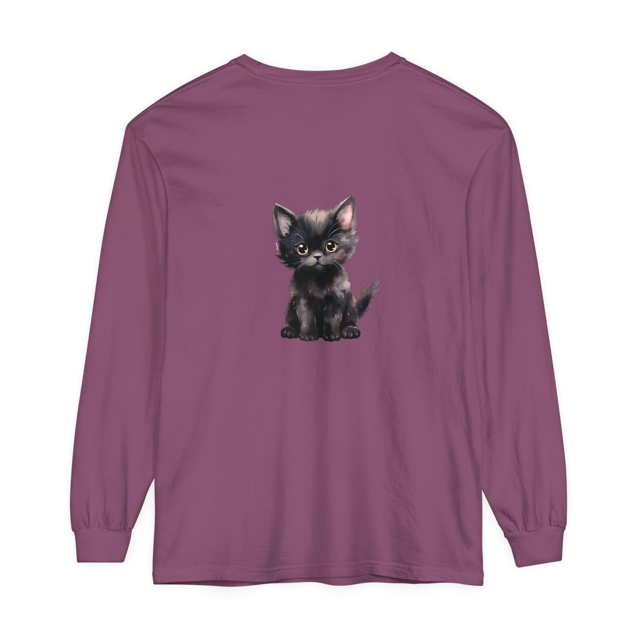 A close-up image of a cute black kitten with striking yellow eyes printed on a long sleeve t-shirt