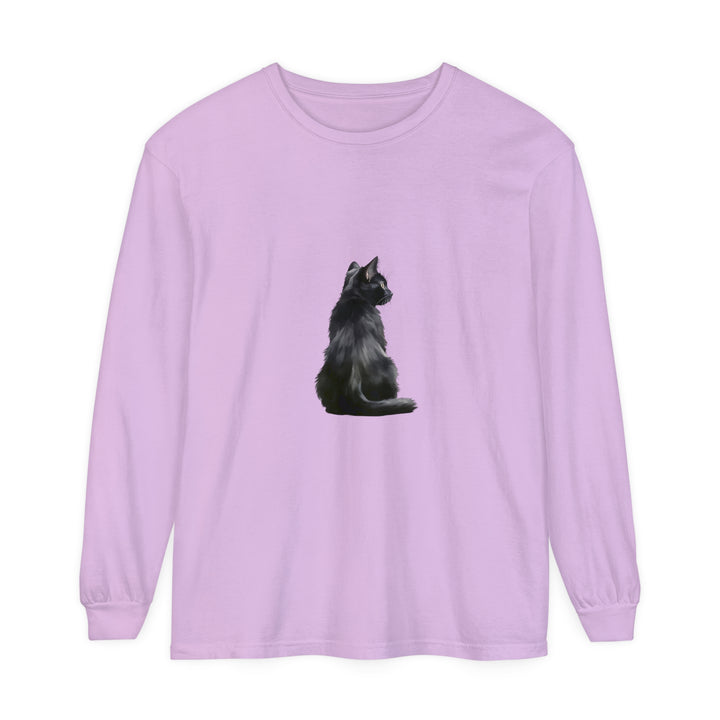 Black Cat Mystique Long Sleeve T-Shirt, a stylish and cozy top featuring a mesmerizing feline design