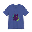 Vibrant purple t-shirt featuring a mysterious cat design with abstract elements