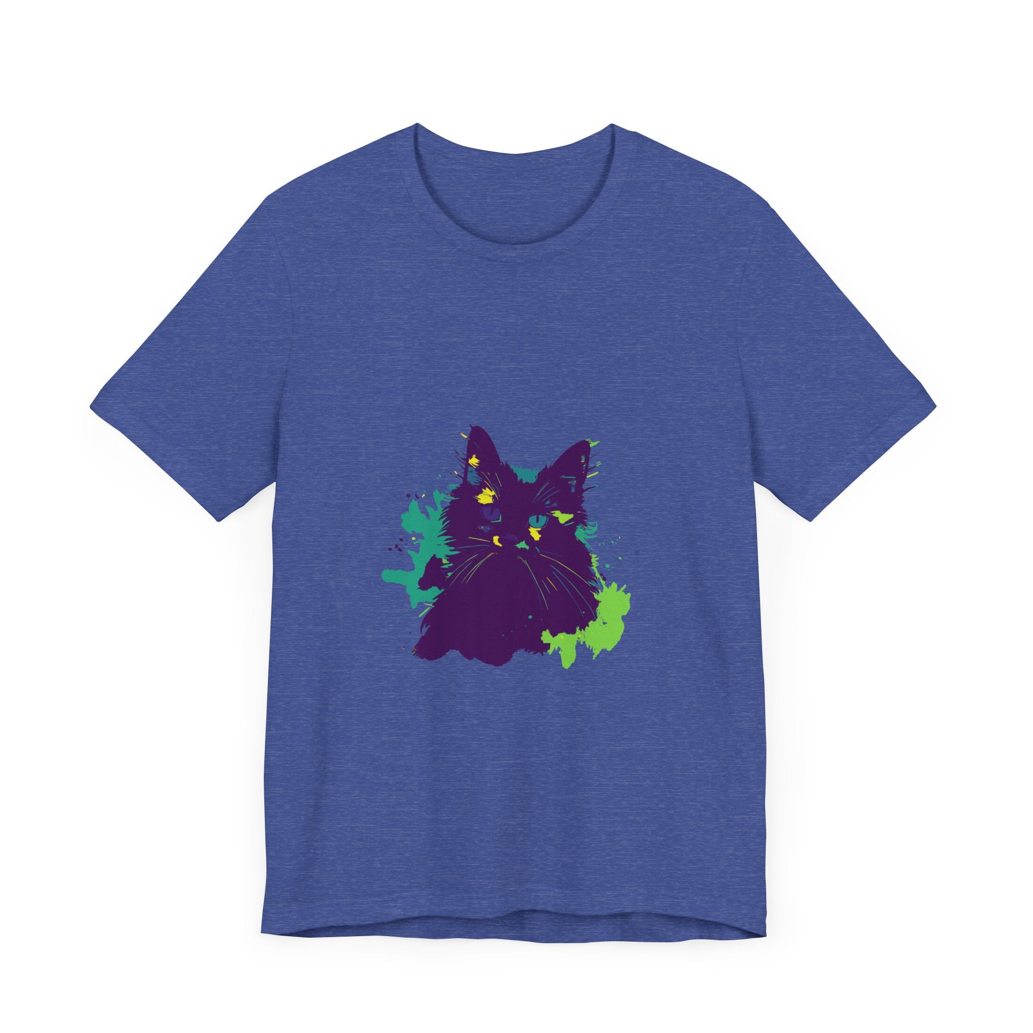 Vibrant purple t-shirt featuring a mysterious cat design with abstract elements