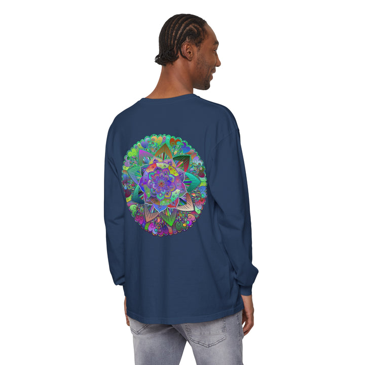 Colorful, intricate mandala design on a unisex, long sleeve t-shirt