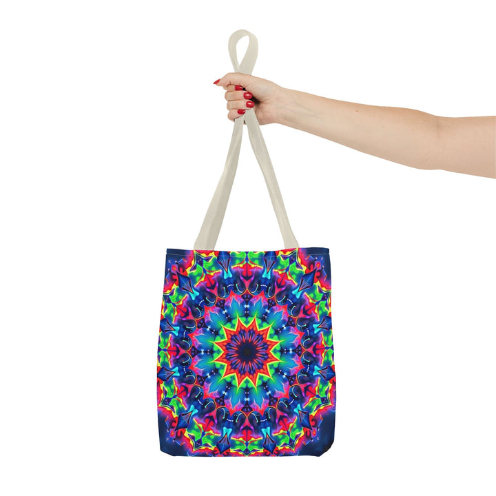 Colorful and intricate psychedelic mandala design printed on a spacious and durable tote bag