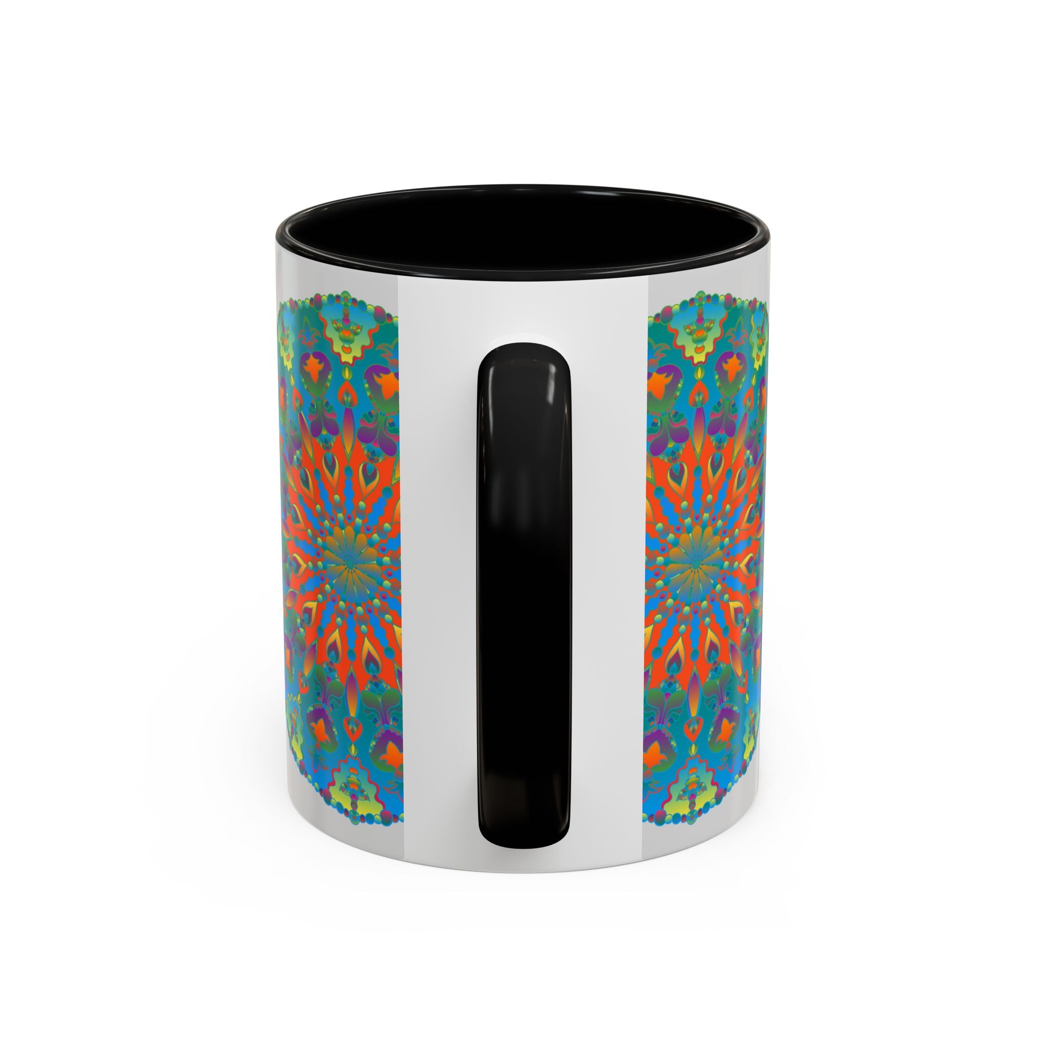 Beautiful mandala art mug featuring an intricate blue and green design