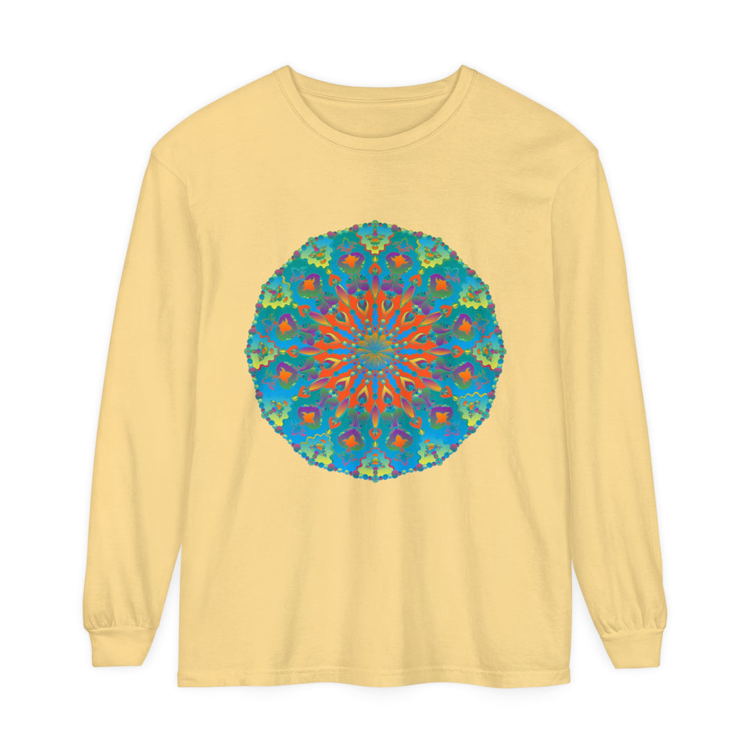 Colorful long sleeve t-shirt with a vibrant rainbow mandala design