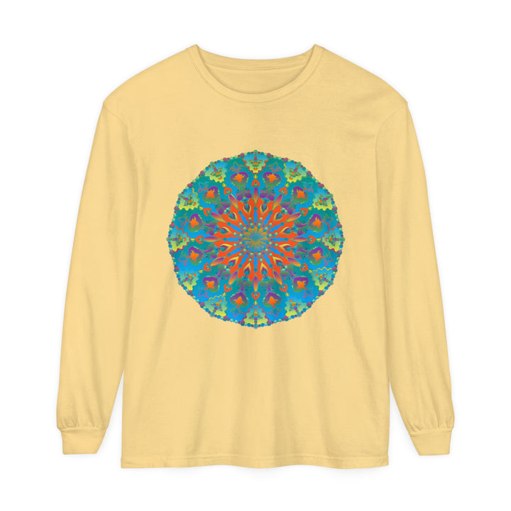 Colorful long sleeve t-shirt with a vibrant rainbow mandala design